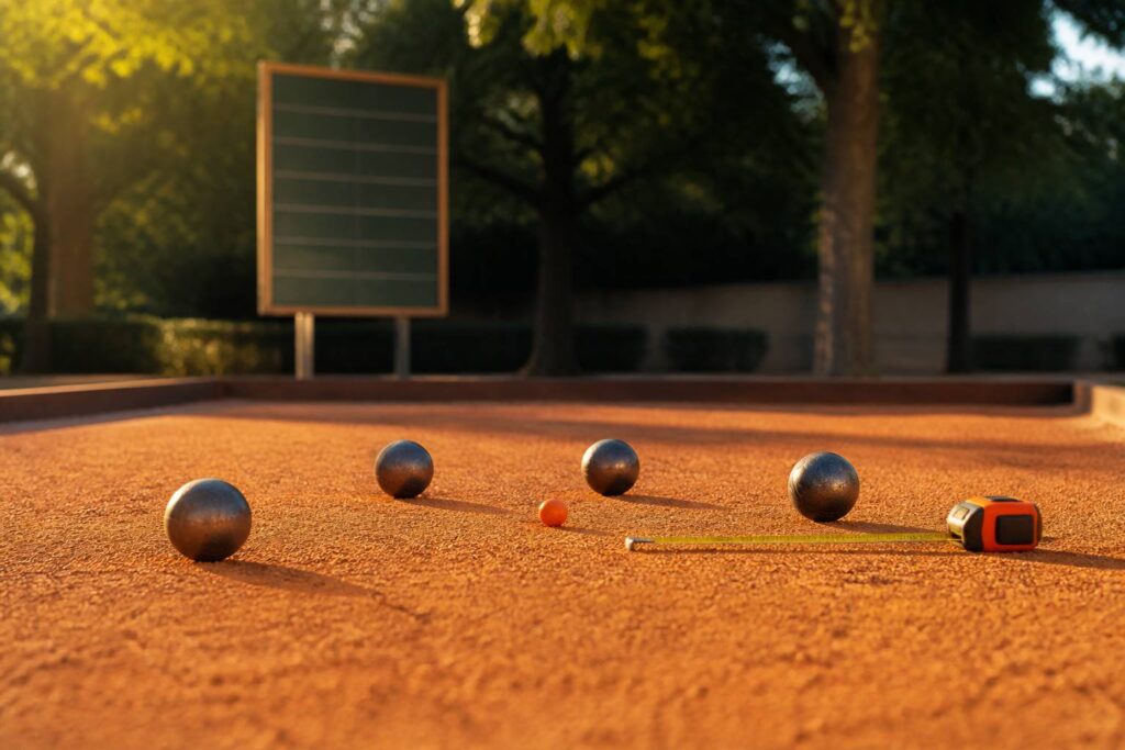 Terrain de pétanque avec boules en acier et cochonnet en bois au soleil couchant