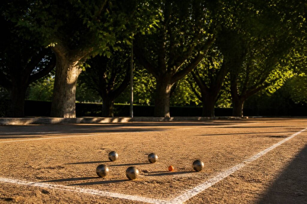 Terrain de pétanque en terre battue délimité sous des platanes en fin d'après-midi