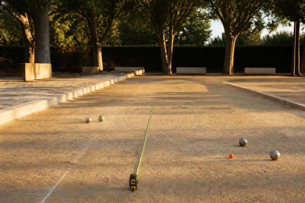 Terrain de pétanque officiel en longueur avec lignes tracées et mètre ruban