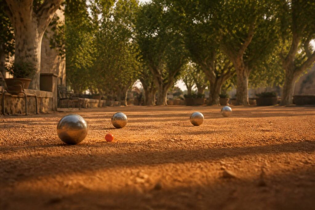 Terrain de pétanque en terre battue avec boules et cochonnet