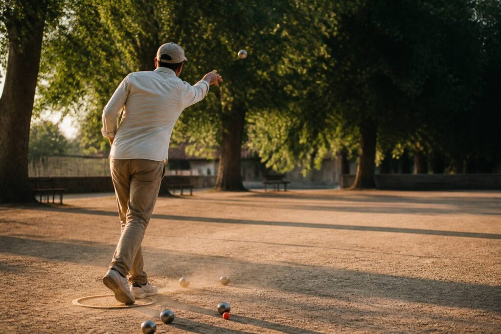 Joueur de pétanque vu de dos lançant une boule en l'air sur un boulodrome