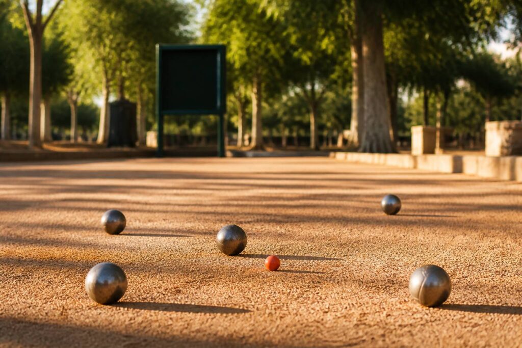 Boules de pétanque en acier sur un boulodrome en terre battue ocre