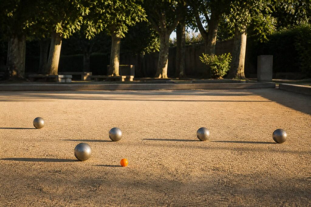 Boules de pétanque en acier et cochonnet sur un terrain en terre battue en fin d'après-midi