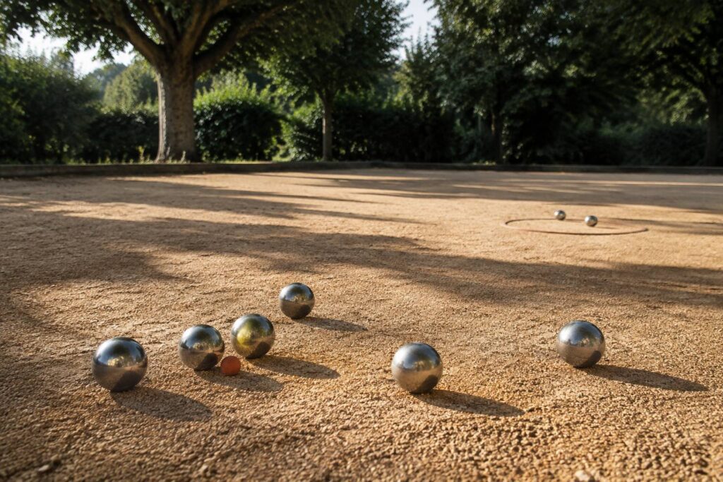 Boules de pétanque en acier autour du cochonnet sur la terre battue