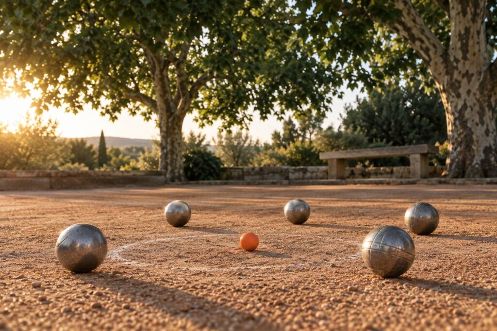 Boulodrome en terre battue avec boules de pétanque et cochonnet orange