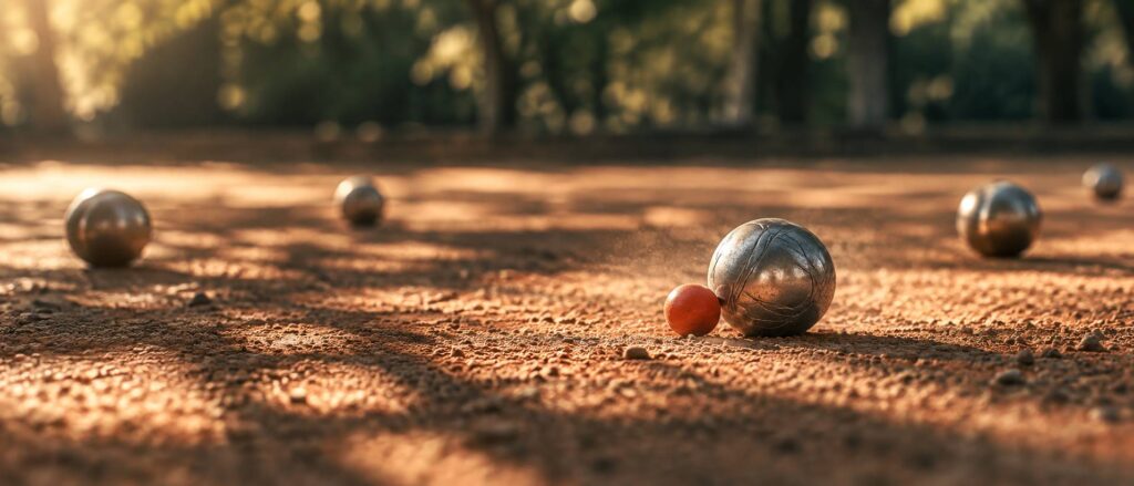 Boule de pétanque près du but rouge sur un terrain en terre battue