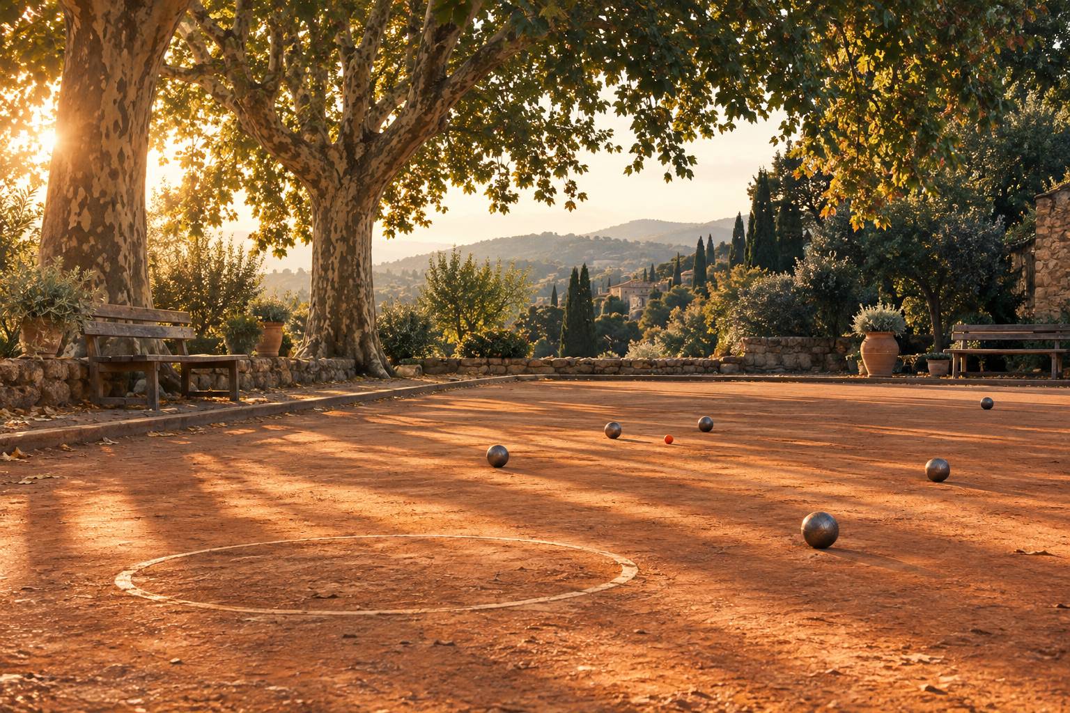 Boule de pétanque près du but rouge sur un terrain en terre battue