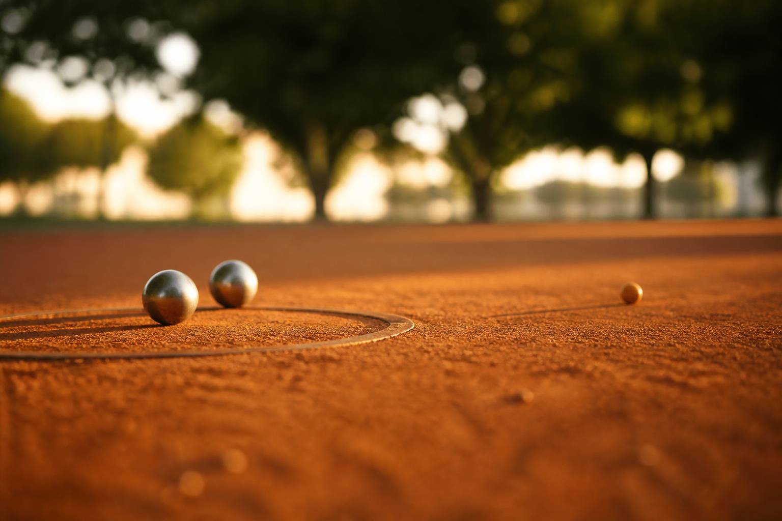 Cercle de lancer tracé dans la terre avec cochonnet en bois et boules de pétanque