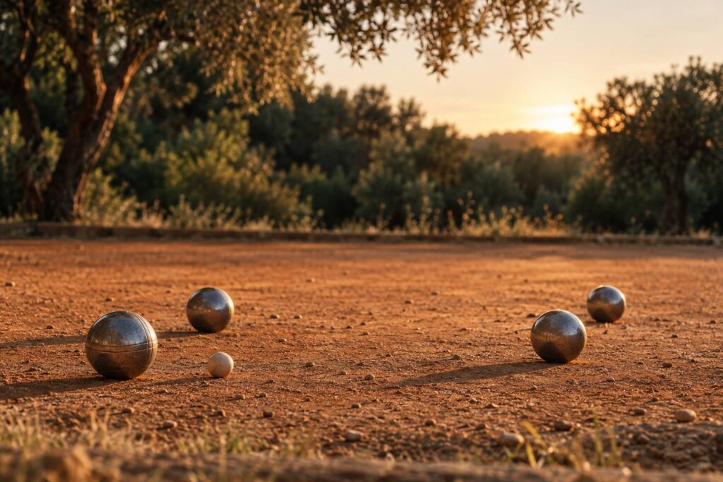 Cochonnet et boules de petanque sur la terre battue au crepuscule