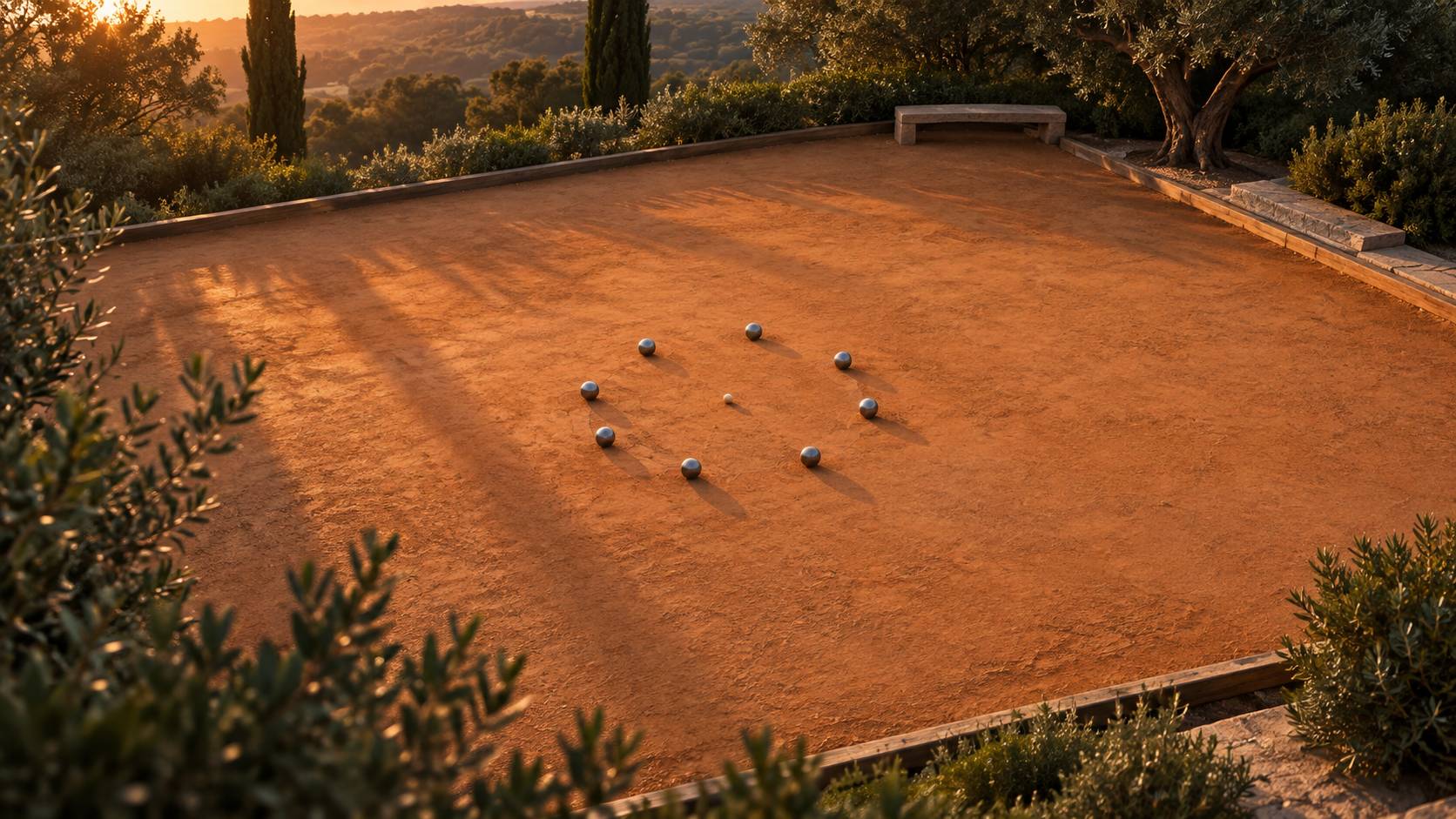Boules de petanque alignees autour d'un cochonnet sur un boulodrome
