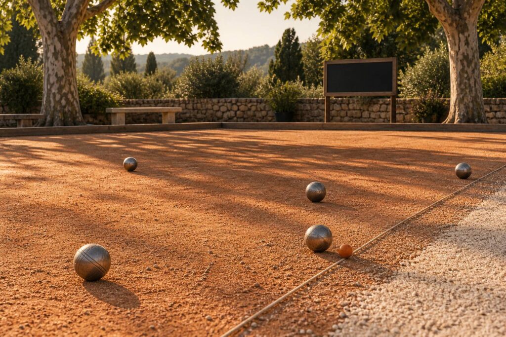 Boules de pétanque autour d'un cochonnet arrêté près de la ficelle de limite