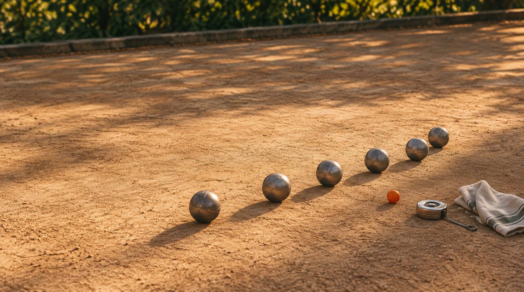 Boules de petanque alignees sur la terre battue avec un ruban de mesure