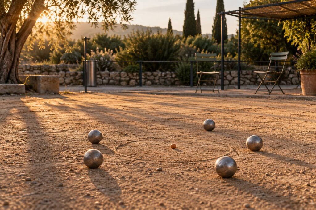 Boules de petanque et cochonnet sur un boulodrome en terre battue