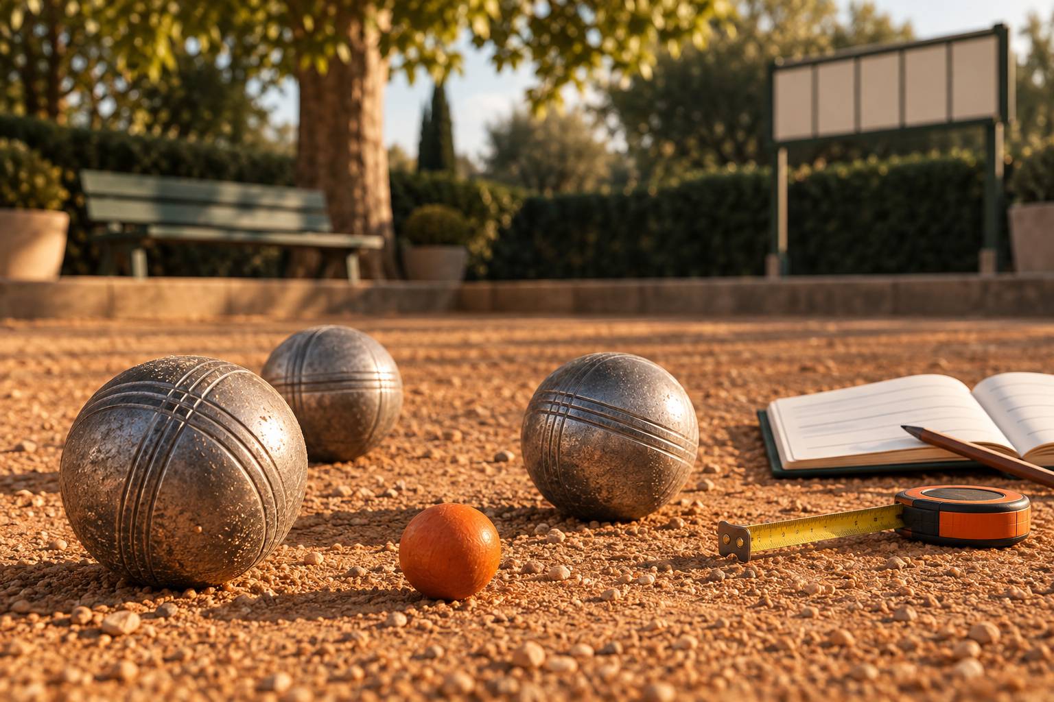 Détail des boules et du cochonnet avec un mètre de mesure