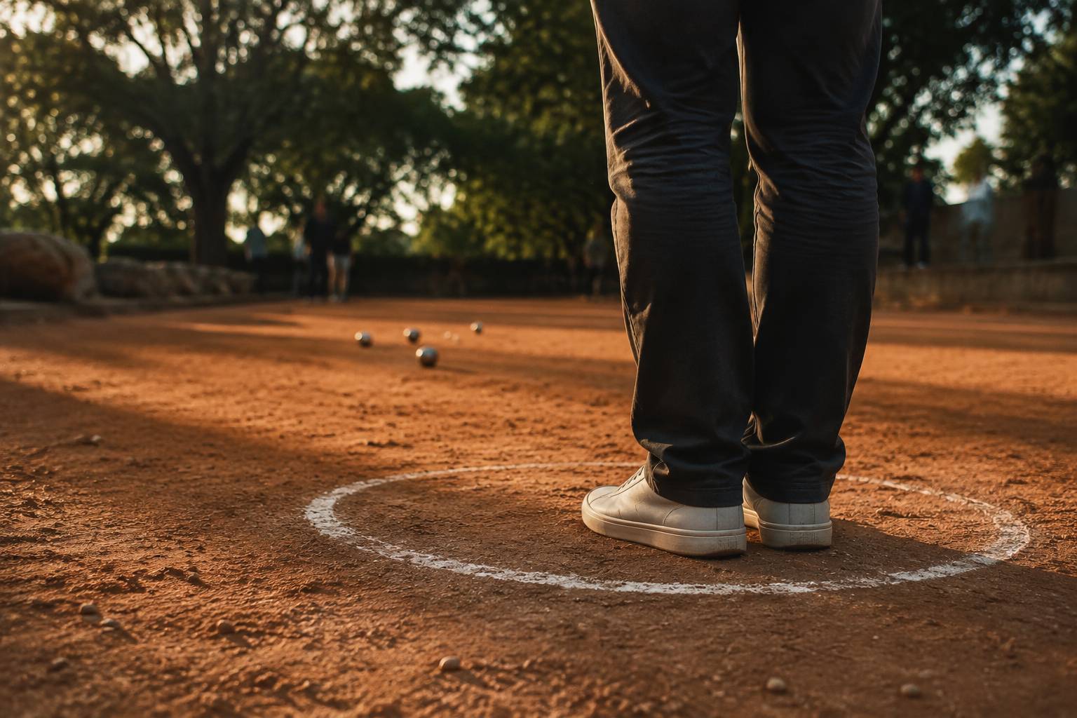 Pieds d'un joueur dans le cercle de pétanque vus au sol sans visage visible