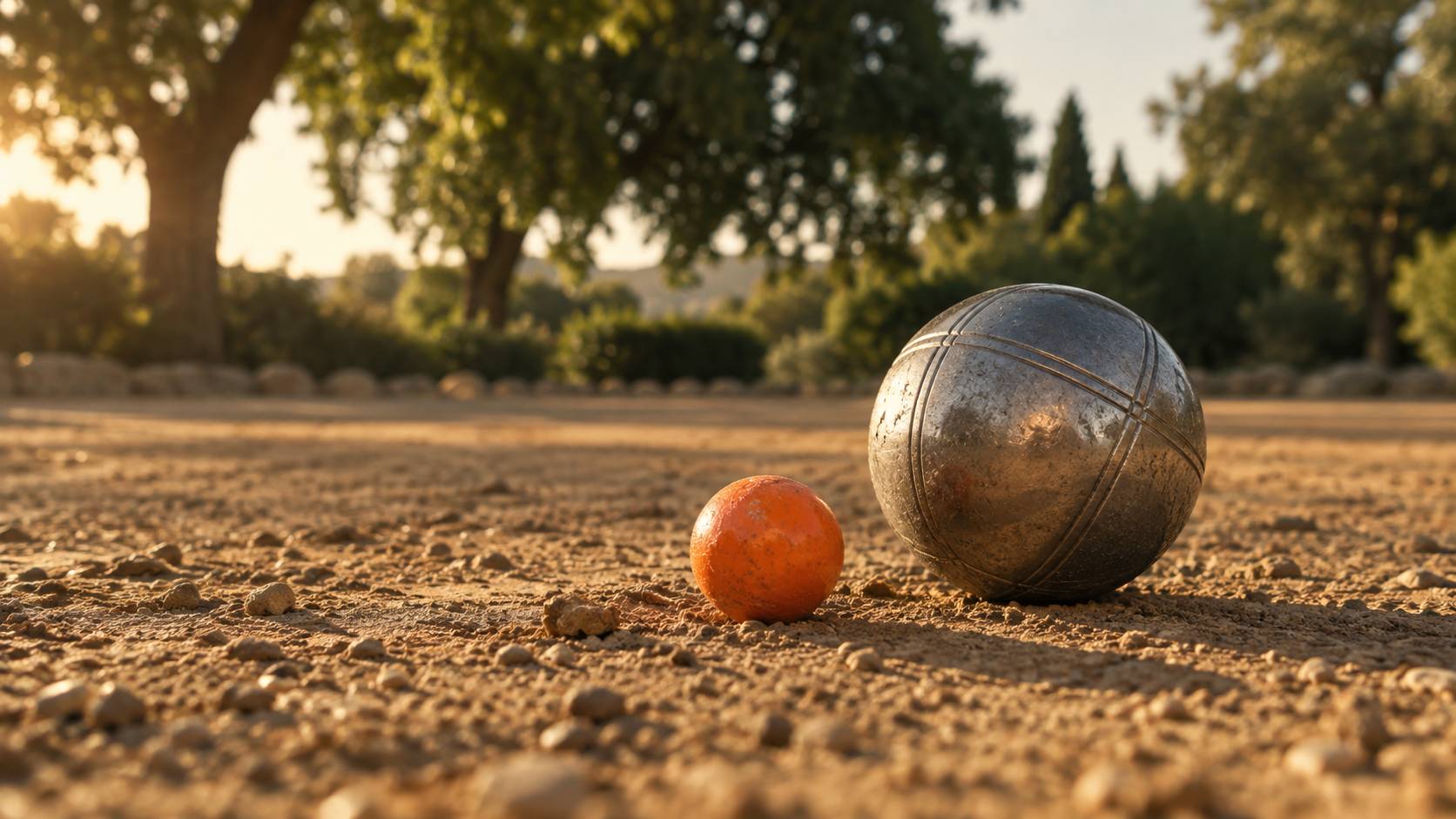 Gros plan sur un cochonnet orange et une boule de pétanque en acier