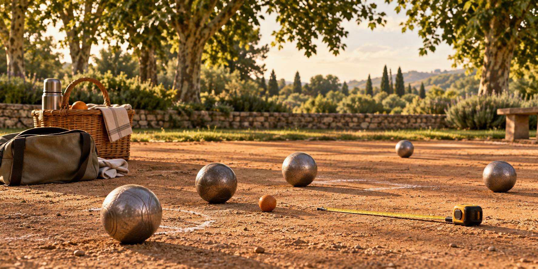 Boules de pétanque, cochonnet et mètre ruban sur l'herbe