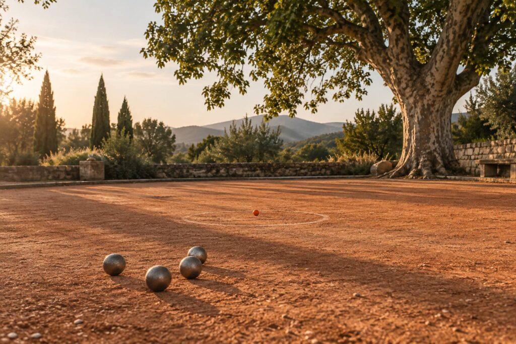 Boulodrome de terre battue avec cochonnet orange et boules