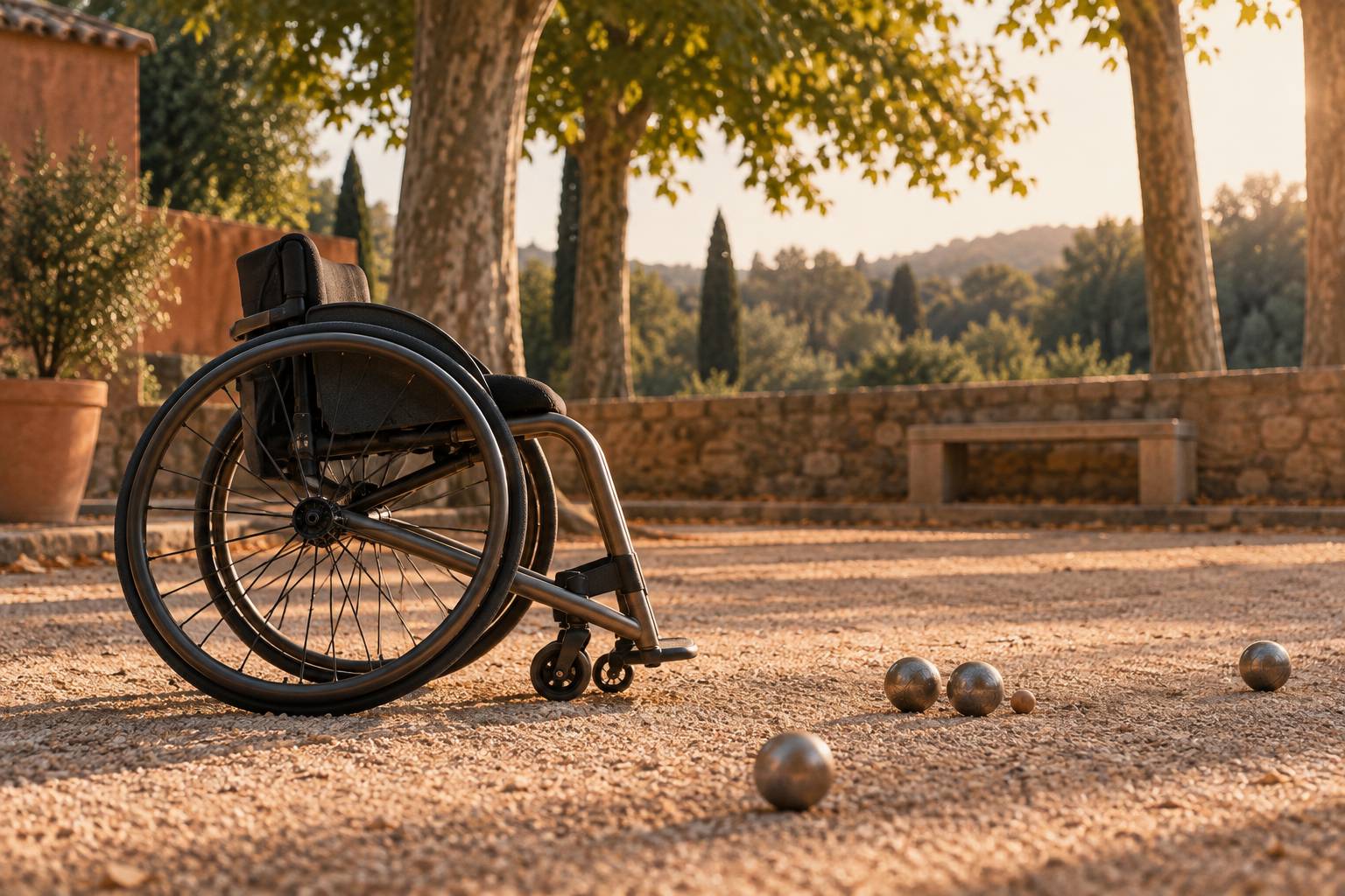 Fauteuil roulant sportif vide pres d'un terrain de petanque
