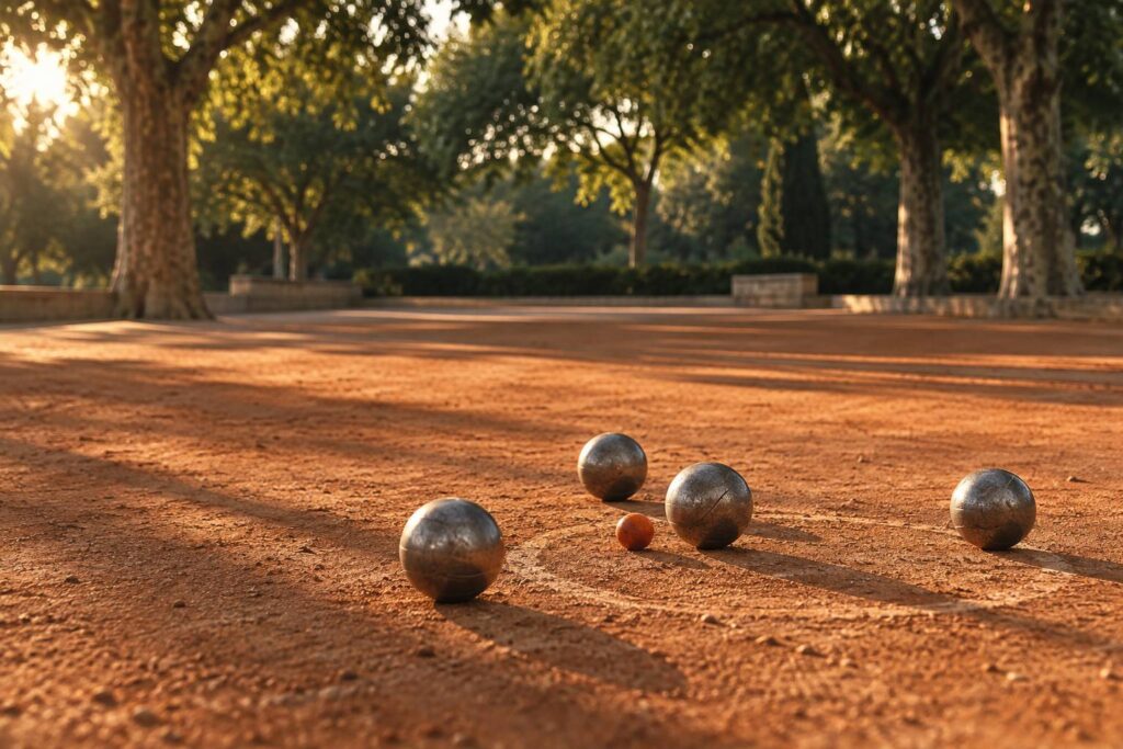 Boules de petanque groupees autour d'un cochonnet sur la terre battue