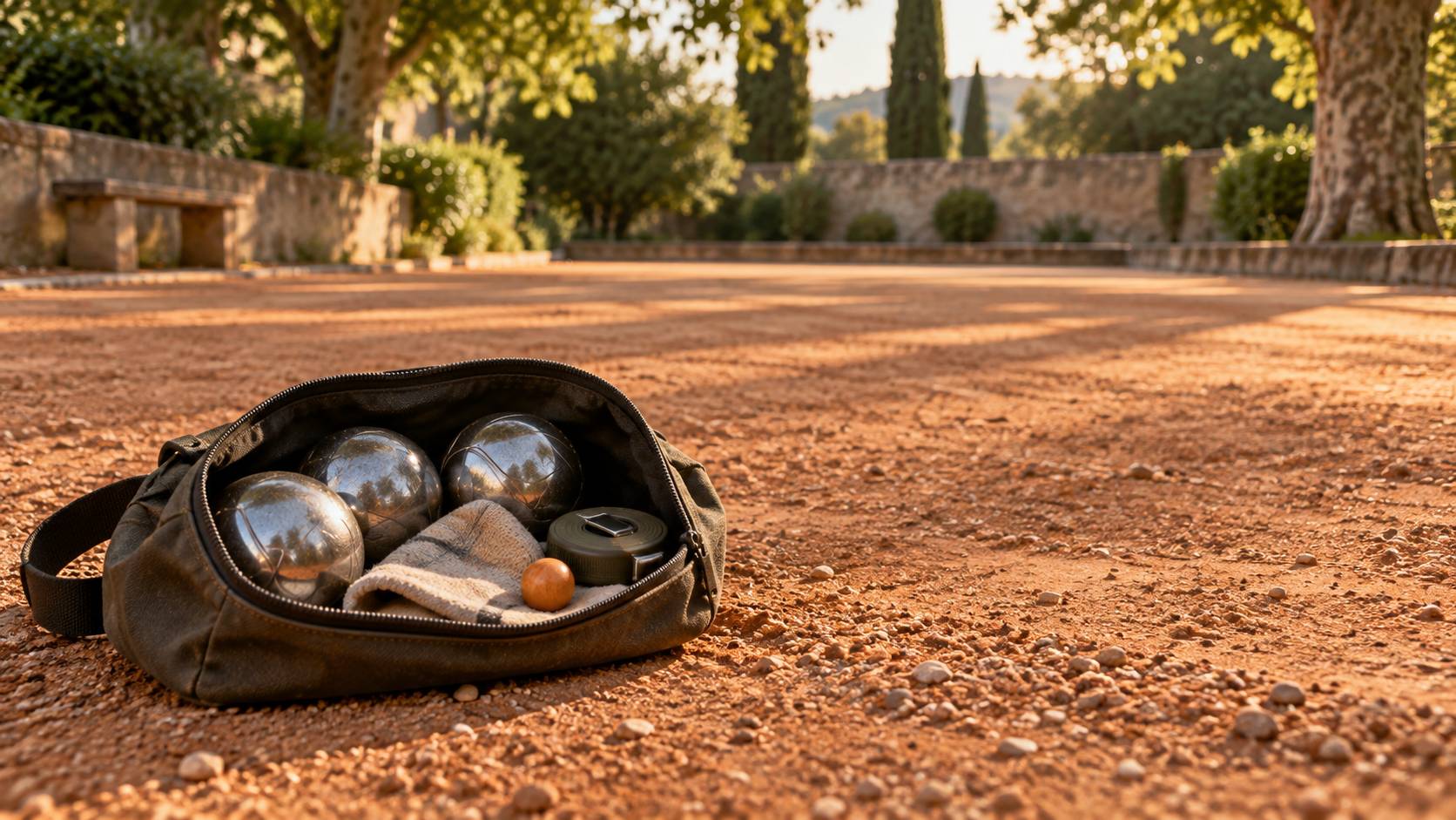 Sac de boules de petanque ouvert avec trois boules en acier