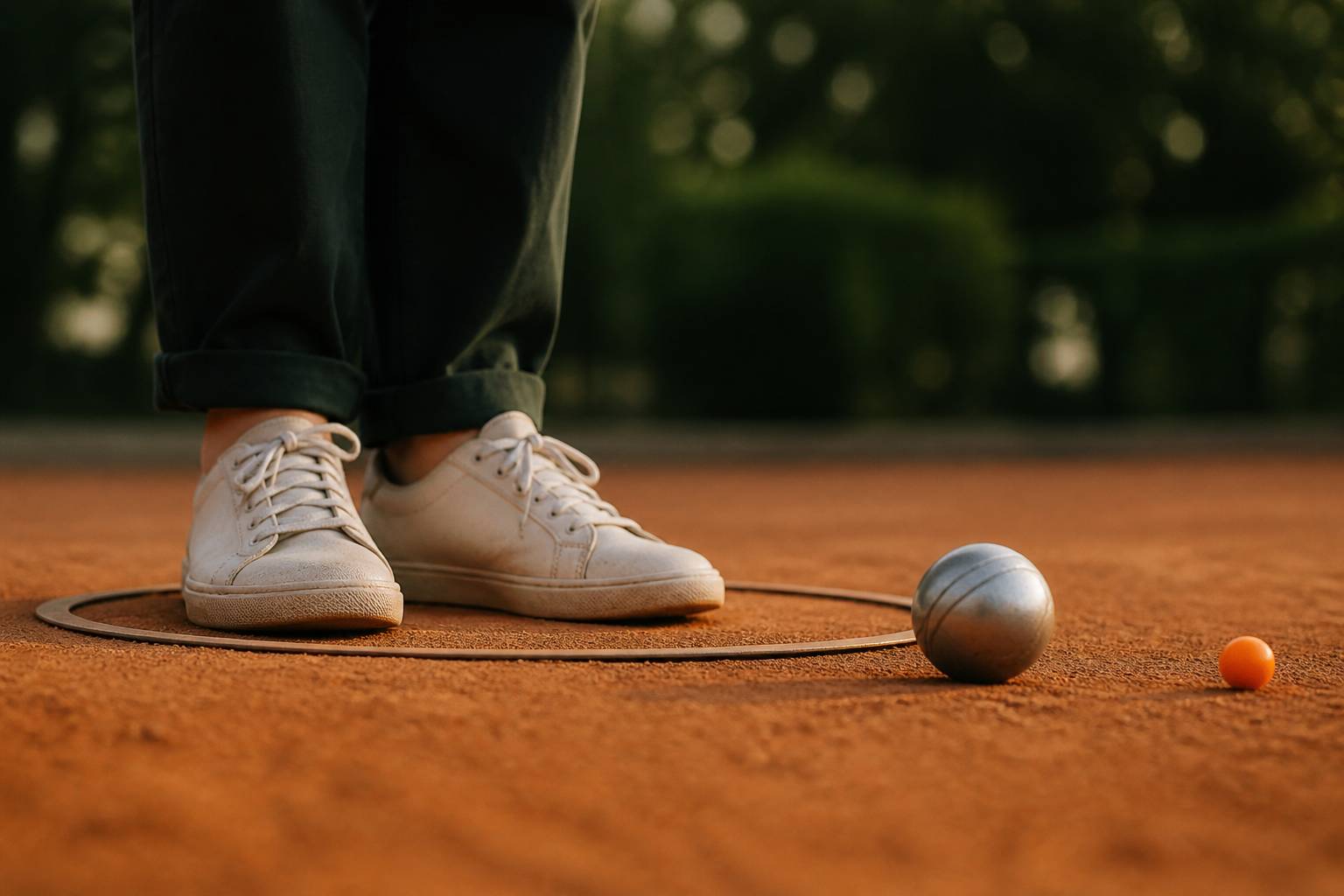 Pieds d'un joueur à l'intérieur du cercle de lancer à la pétanque