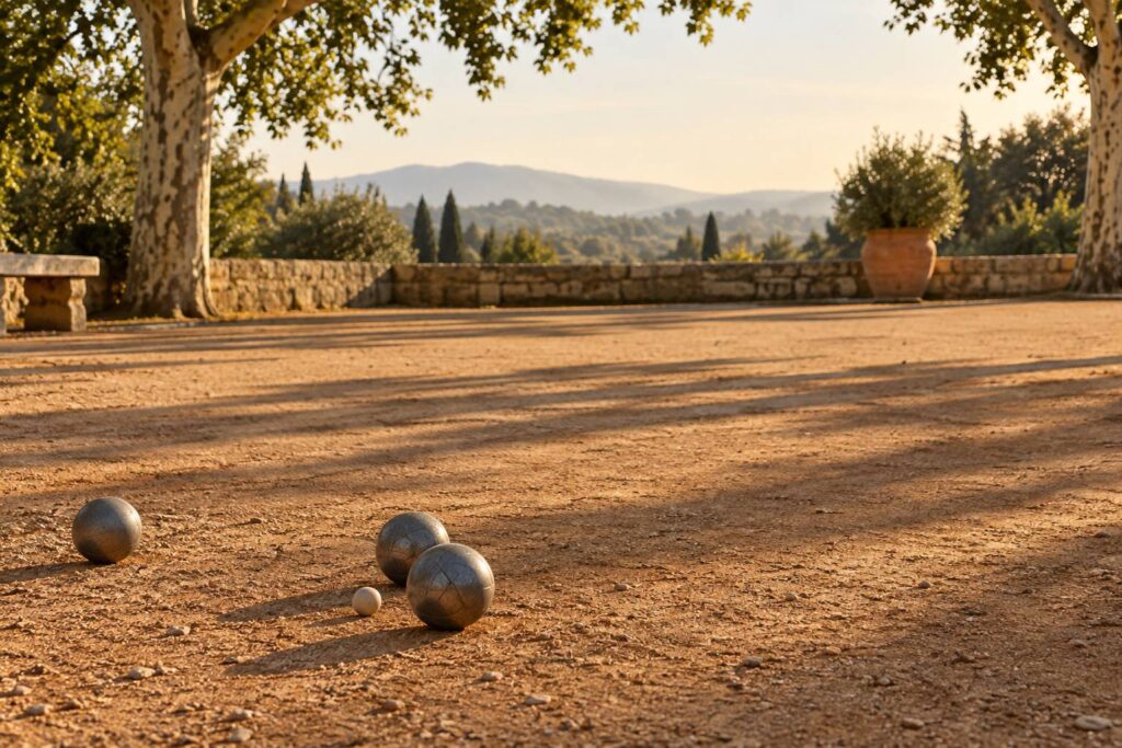 Boules de petanque en acier et cochonnet sur une terre battue ocre