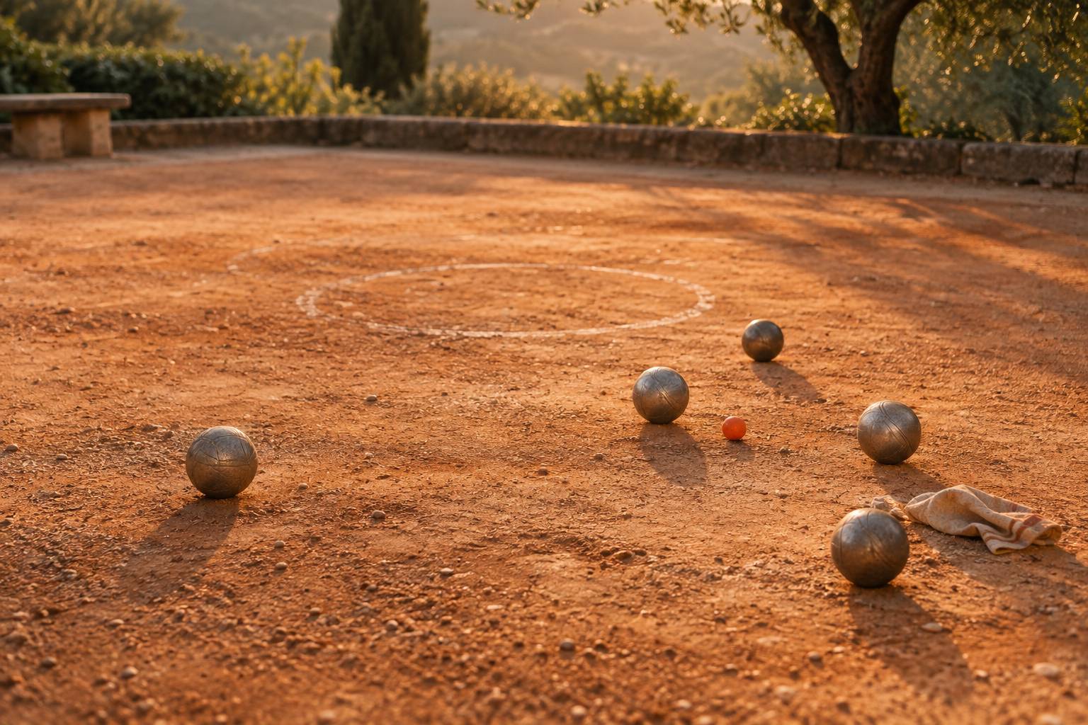 Boules métalliques alignées près d'un cercle tracé sur un terrain de pétanque