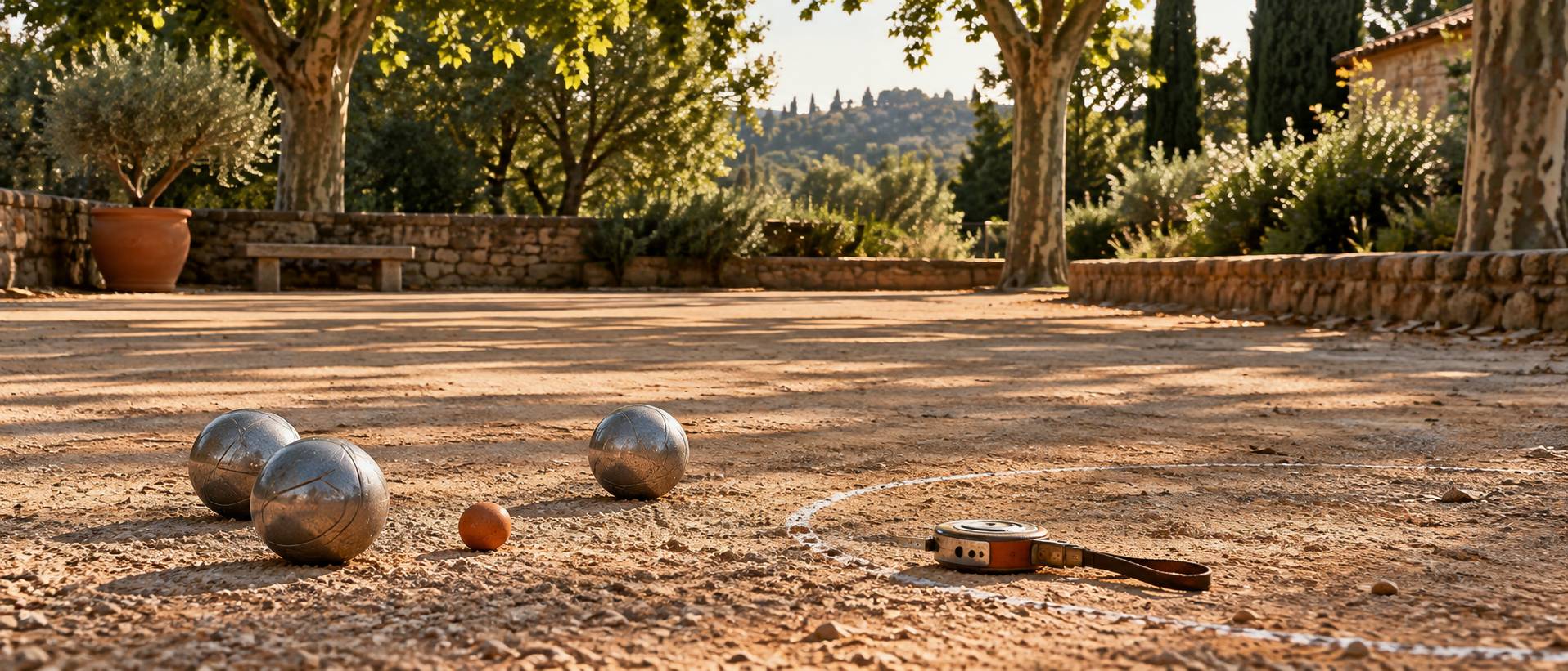 Boules de pétanque en acier groupées autour du cochonnet sur un terrain en gravier ocre