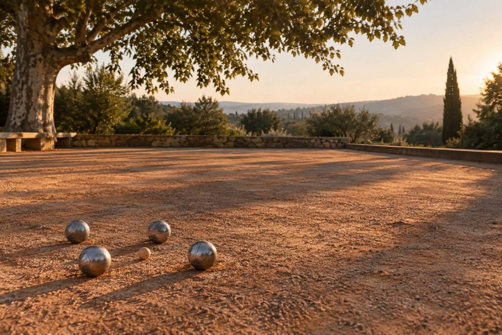 Boules de pétanque en acier groupées autour du cochonnet sur un terrain en gravier ocre
