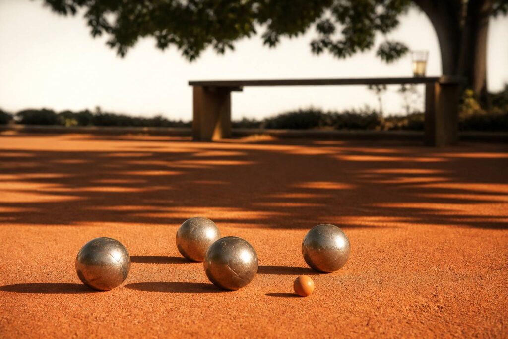 Terrain de pétanque en terre battue avec boules en acier et cochonnet en fin d'après-midi