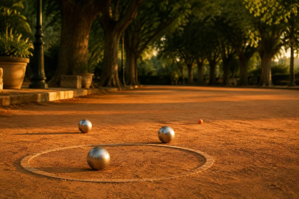 Terrain de pétanque ocre avec cercle de lancement, boules et cochonnet sous les platanes