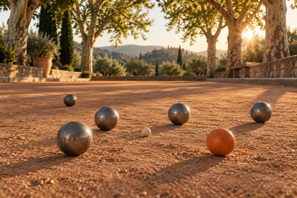 Boules de pétanque en acier autour d'un cochonnet sur un boulodrome ocre