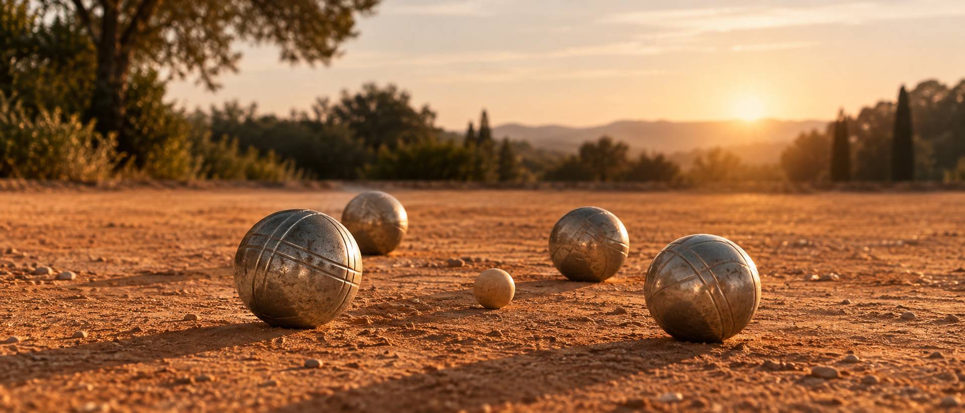 Vue rapprochée de boules de pétanque autour du cochonnet sur terre battue