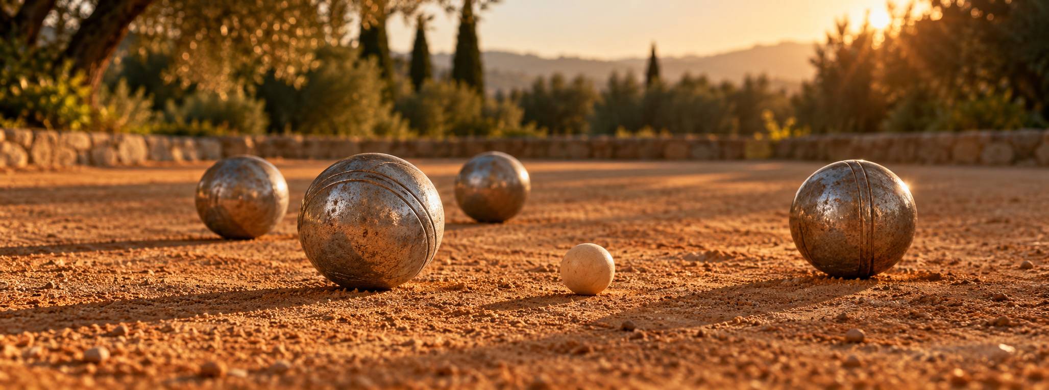 Jeu de boules de pétanque en acier et cochonnet sur la terre battue
