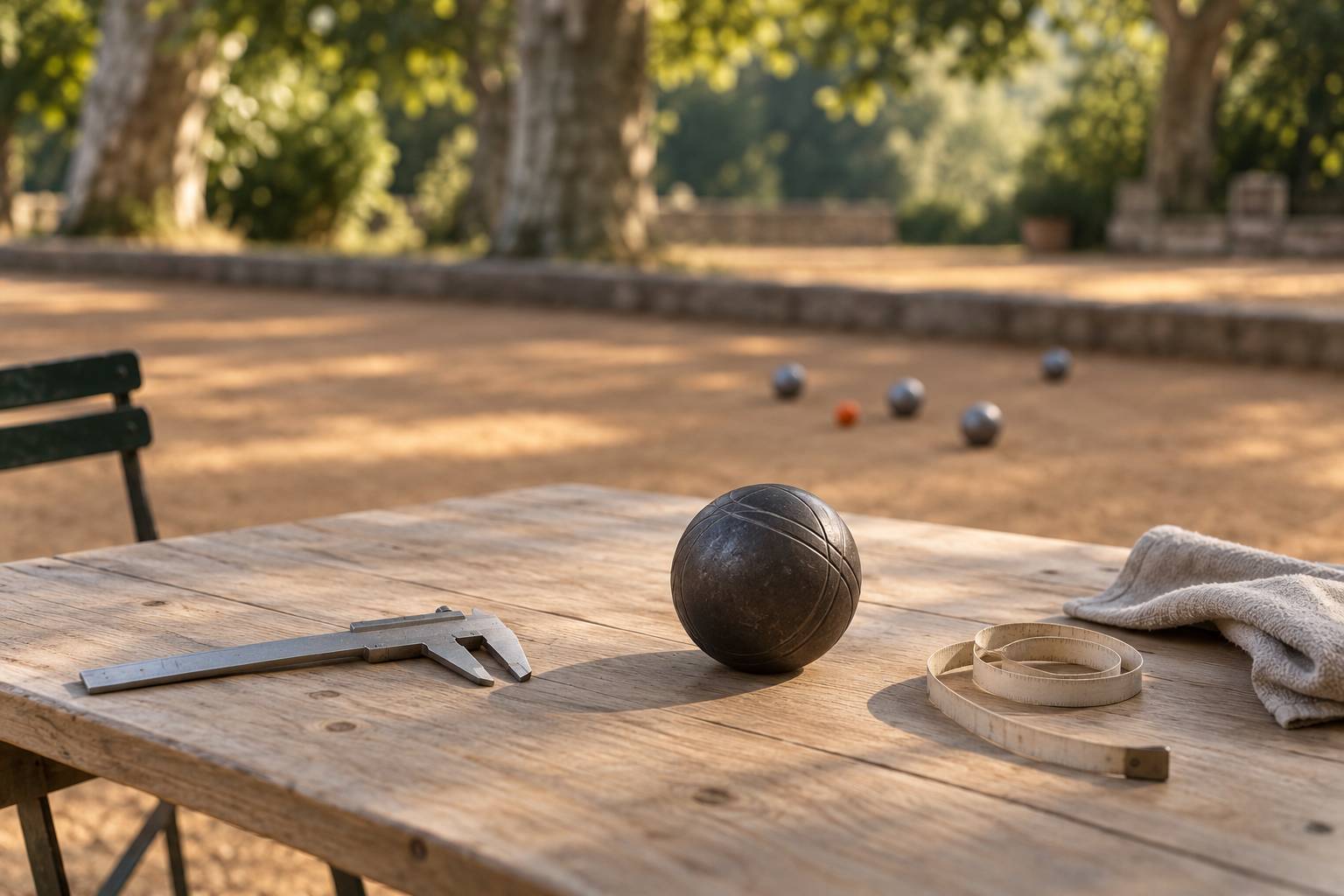 Boule de petanque noire mate et pied a coulisse sur une table en bois clair