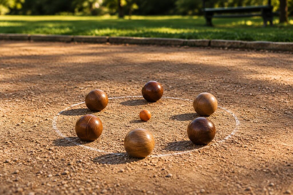 Boules de bois et cochonnet sur un terrain de gravier ensoleillé