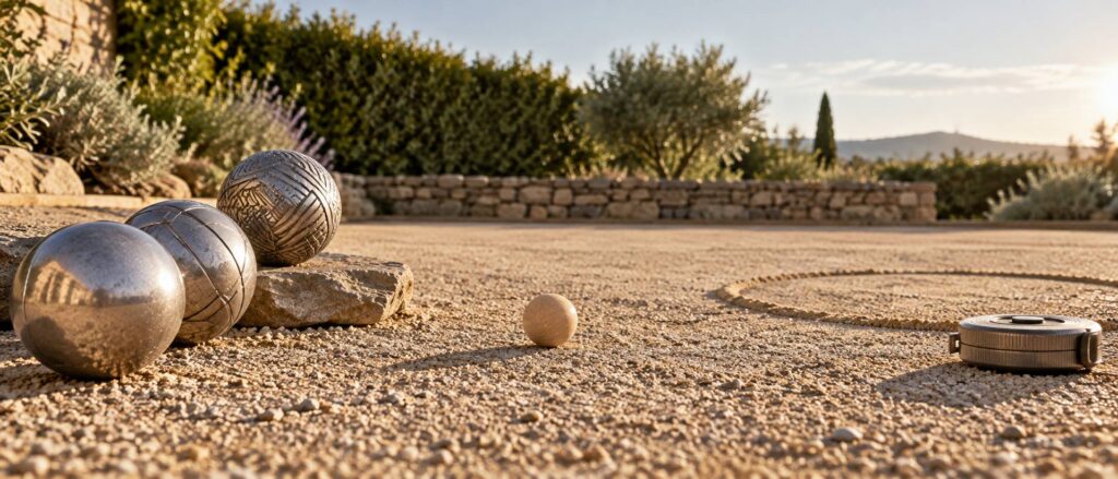 Trois boules de pétanque en acier aux stries différentes sur un terrain de gravier ocre