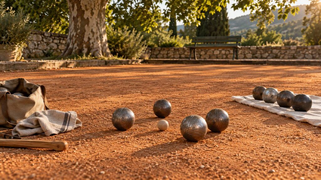 Boules de petanque en acier bruni autour d'un cochonnet sur un terrain de terre battue ocre