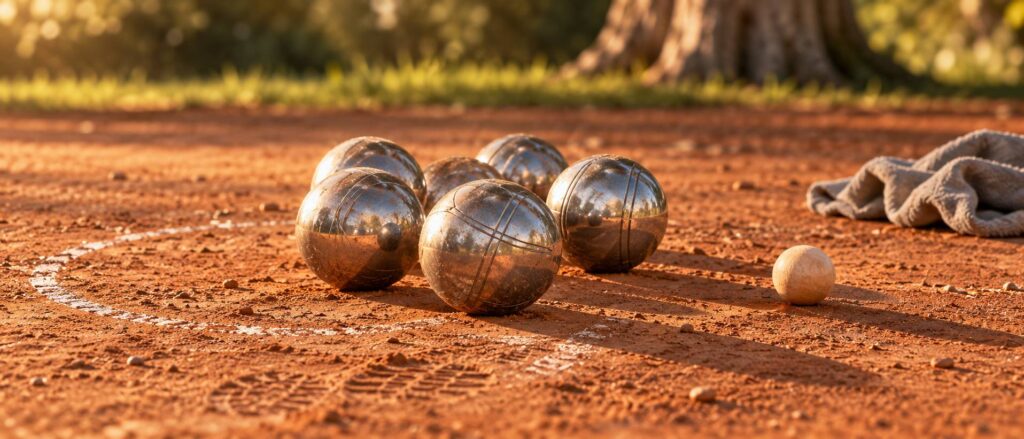 Jeu de boules de pétanque en acier et cochonnet en bois sur terre battue ocre