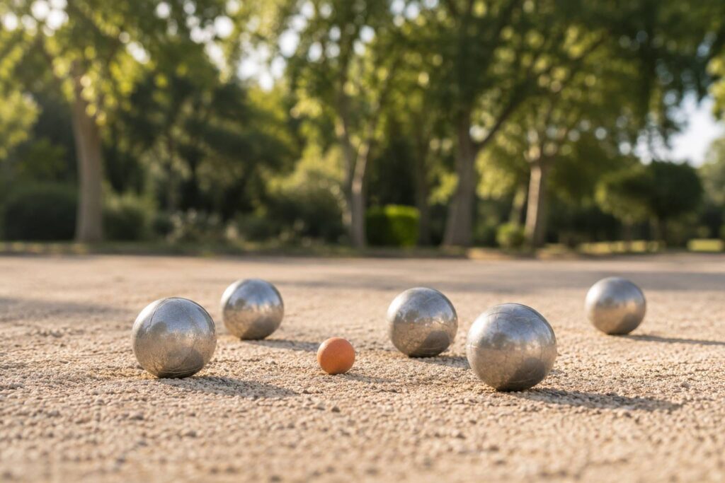 Terrain de petanque en gravier avec boules en acier et cochonnet sous le soleil