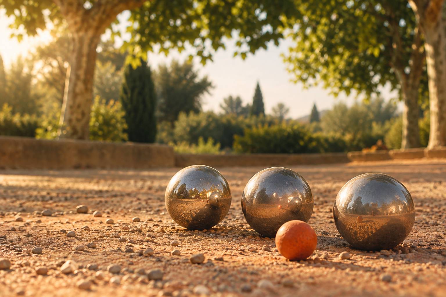 Gros plan de boules de petanque en acier et d'un cochonnet sur du gravier clair