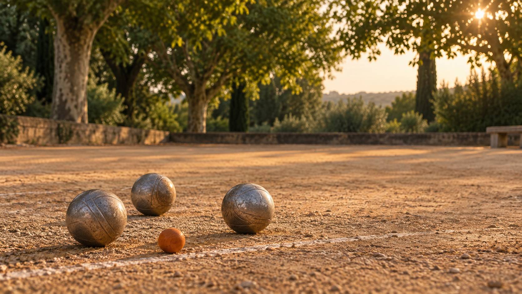 Trois boules de petanque et un cochonnet sur une piste de gravier