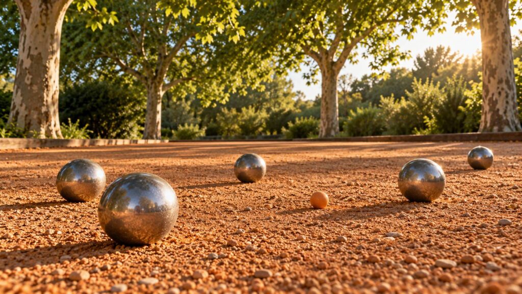 Jeu de boules en métal alignées avec un cochonnet sur du gravier