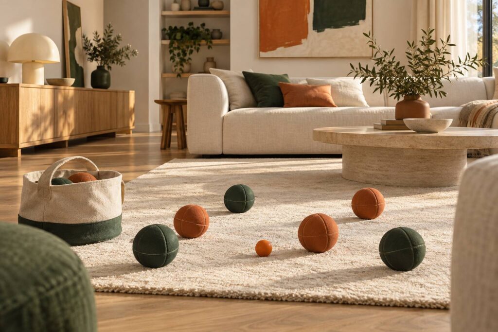 Jeu de boules de pétanque d'intérieur posé sur un tapis dans un salon