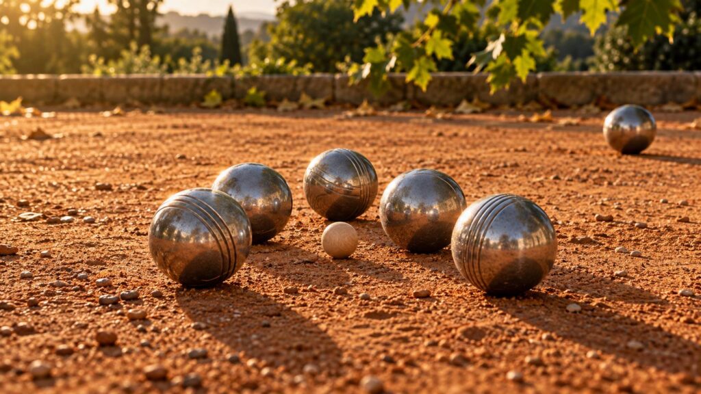 Boules de petanque striees et lisses autour d'un cochonnet en bois sur un terrain de terre battue