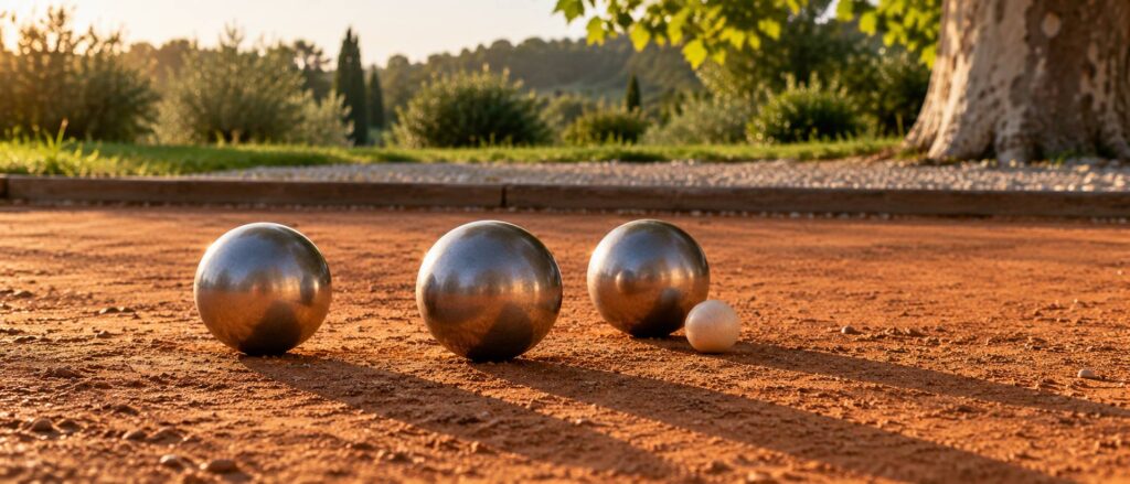 Trois boules de pétanque aux stries visibles alignées sur un terrain de terre battue ocre