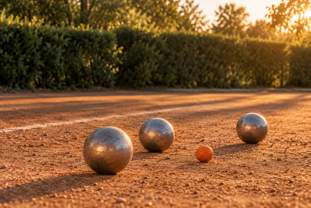 Trois boules de pétanque lisses et un cochonnet en bois sur un terrain de terre battue
