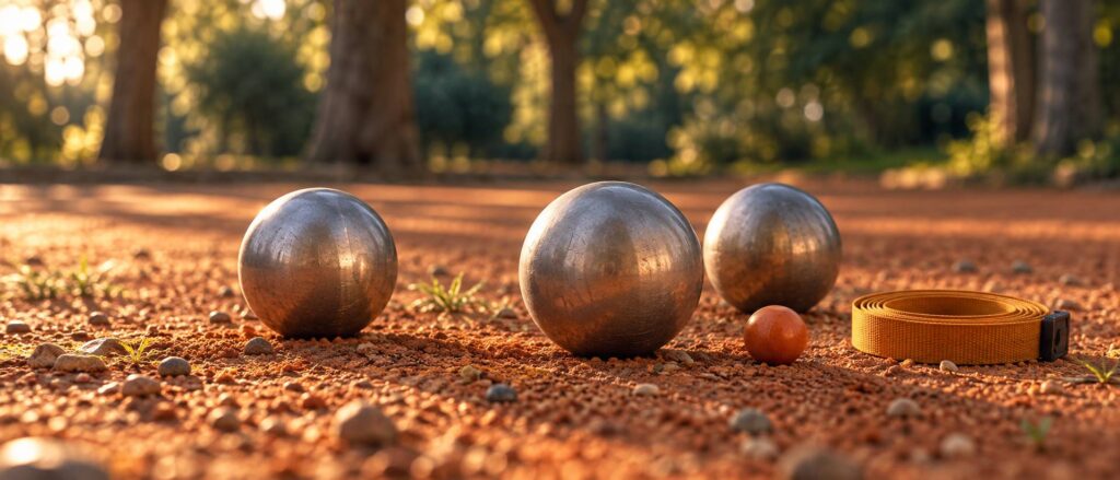 Trois boules de pétanque en inox et un cochonnet orange sur la terre battue