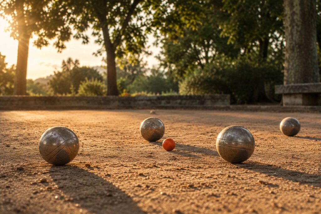 Boules de pétanque en acier et cochonnet sur la terre battue d'un boulodrome